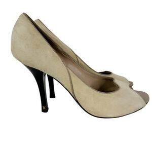 Louis Vuitton Peep Toe Beige Suede Stiletto LV Heels Size 9.5 Made in Italy